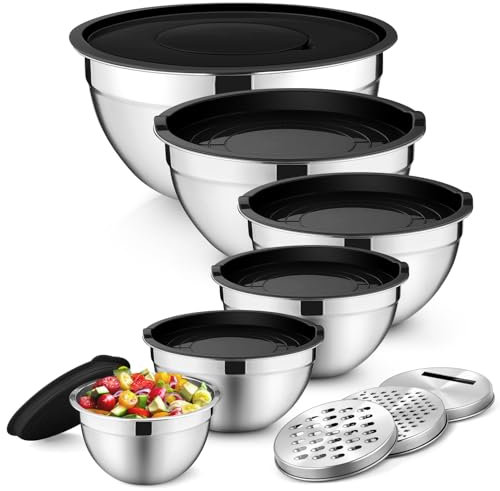 P&P CHEF Mixing Bowls with Lids Set of 6, Stainless Steel Nesting Salad Bowl & 3 Grater Attachments for Prepping Storing, 4.6/2.6/2/1.5/1/0.7 QT, Black