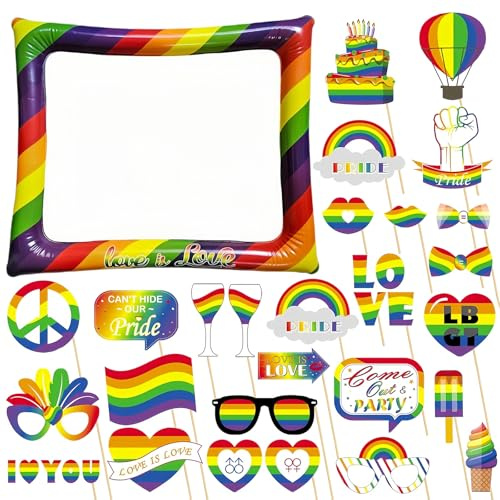 Rainbow Inflatable Selfie Frame Photo Booth with 26Pcs Props, Gay Pride LGBTQ Blow Up Picture Frame Kit for Pride Day Rainbow Party Decorations