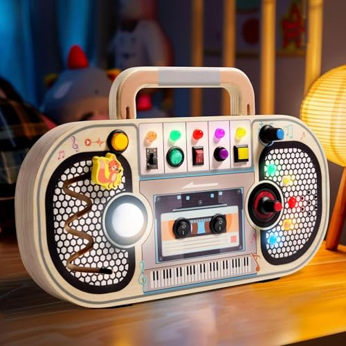 BASAMOU Montessori leksak Busy Board Baby från 1 år, 11 LED 10 ljusbrytare, aktivitetstavla träleksak från 1 2 3 4 år, motorikleksak sensorisk pedagogisk leksak barn gåva påsk födelsedag