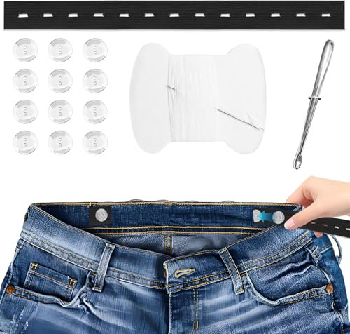 6 Stück schwarzer elastischer Hosenbund mit 12 Knöpfen, Nadeln und Faden für Röcke, Hosenverlängerung für Schwangere, Hosenbundstraffer für Kinder, Taillenversteller, verstellbarer elastischer