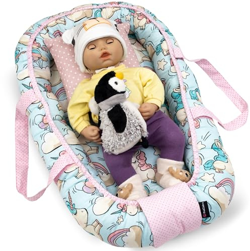 PinkZebra Bolsa portamuñecas, nido de muñeca, nido de transporte, capullo para muñecas y peluches de hasta 48 cm, nido de algodón, funda de transporte y cama de muñecas, unicornio