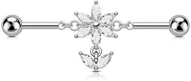 OUFER 14G Flower Industrial Piercing Jewellery, 316L Surgical Steel Dangle Leaf Industrial Bar Barbell 38 mm, Marquise CZ Cartilage Helix Earring, 1.6 mm Body Piercing Jewelry for Women