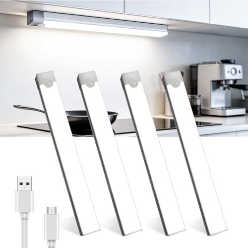 Lamptobe 4 Pezzi Luce Armadio LEDcon Sensore di Movimento,2W USB-C Ricaricabile Magnetica Lampada,6500K 21cm Dimmerabile Luce Led Sottopensile per Cucina Scale Soggiorno Bagno,Camere da Letto