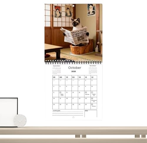 Calendario de pared de gato 2026 | con bloques rayados de notas, calendario 2026 divertido planificador mensual | para oficina, planificación escolar, organización, horario, trabajo, Año Nuevo