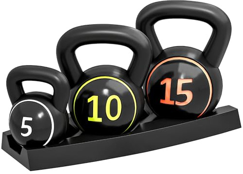 SPORTNOW Set 3 Kettlebell con Manico Liscio Base Piatta e Portapesi, Pesi da Palestra in Plastica e Sabbia, 2.2 kg 4.5 kg 6.8 kg (5lbs 10lbs 15lbs), Nero