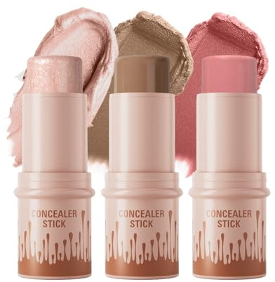 3PCS Contour Highlighter Blush Stick, Kit de maquillage sculptant et contouring crème, Stick blush enlumineur lisse et éclaircissant, Sticks de maquillage longue tenue et multi-usages (#Ensemble A)