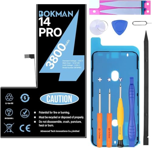 bokman Battery Replacement for iPhone 14 Pro, High Capacity 3800mAh Lithium Polymer Battery with All Tool Kits