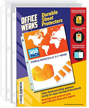 Office Werks 200 Sheet Protectors, 8.5X11 Inch Clear Page for 3 Ring Binder, Plastic Sleeves, Durable Top Loading Paper Protector with Reinforced Holes, Archival Safe