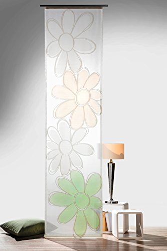 heimtexland ® Flächenvorhang Blume auf Natur Batist gewebt inkl. Zubehör 60 x 245 cm in grün halbtransparent ..passt an Jede Schiene Schiebegardine Gardine Ökotex Typ569