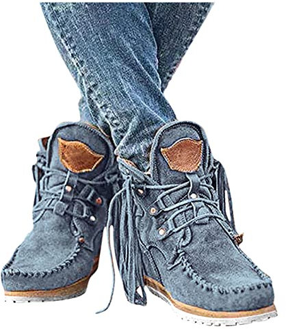 Dasongff Botines de mujer de ante tacones bajos roma botas vintage con flecos botas de plataforma botas de tobillo botas de tobillo botas de invierno planas con cordones Botas de invierno, azul, 39 EU