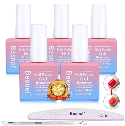 Gel Nail Polish Remover 5 Pack Professional Gel Polish Remover Non-Irritating Quick Easy,Nail Polish Gel Remover Tools Kit Nail File Cuticle Pusher Nail File Grit, No Need For Foil Soaking Or Wrapping