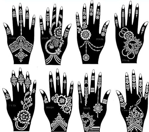 Mahal Lot de 8 pochoirs de tatouage au henné pour les mains