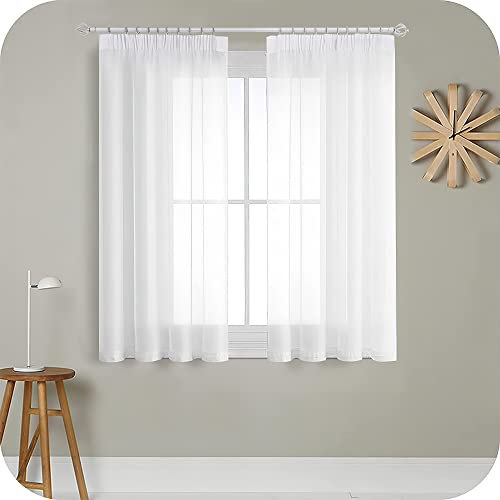 MRTREES Gardinen mit Kräuselband Stores Gardinen Weiß kurz transparent 122X140cm (HXB) Schlaufenschals 2er Set Vorhänge in Leinenoptik für Wohnzimmer Schlafzimmer Mädchen Jugend Curtains