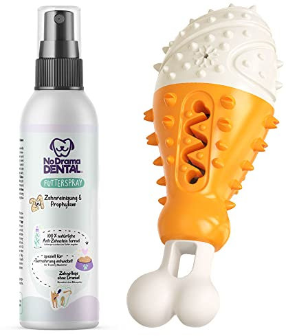Fellmeister® Zahnpflegeset für Hunde - No Drama Dental® Futterspray gegen Zahnstein, Maulgeruch mit Dental Spielzeug Keule, Kauspielzeug mit Futterfach Zahnpflegesnack