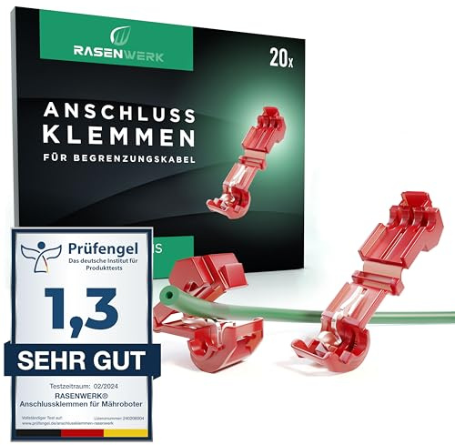 RASENWERK® - Anschlussklemmen für Mähroboter Begrenzungskabel Ladestation - T-Abzweigverbinder Abzweigklemmen Stromdieb - Kompatibel für Gardena, Husqvarna, Worx, Bosch - rot - 20 Stück