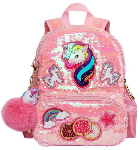 LSSAGOON Einhorn Rucksack Kinder Mädchen, Pailletten Kinderrucksack, Personalisierter Kawaii Schulrucksack, Rucksack Kindergarten für Kindergarten Grundschule, Geschenke für Geburtstag Xmas