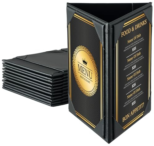 FLKQC Table Tent Triangle Menu Holders 4 x 6, 12 Pack 3-Side Leatherette Picture Frames, Menu Cover with Angled Corners for Restaurant, Bar, Cafe, Wedding, Durable and Foldable Design
