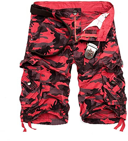 Pantalon Homme Cargo Camouflage Militaire avec Poche Jogging Travail Sport Court Short Travail Impermeable Short Coton Homme Marque Pantalon Ete Fête des pères Pantalon+Cargo+Homme Rose Vif 32