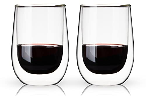 True Double Walled Stemless Wine Glasses, 10 oz Borosilicate Glass Cups for Red and White Wines, Insulated Cocktail Glasses, Clear Iced Coffee Cups, Home Bar Glassware, Wine Lovers Gifts, Set of 2