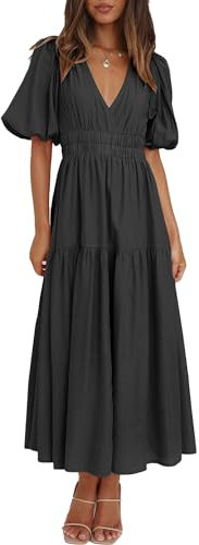 MessBebe Women's Summer Maxi Dress Puffy Sleeve V Neck Boho Party Beach Tiered Ruffle Flowy Long Smocked Dresses M Black