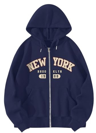 Pairxily New York Graphic Zip Up Hoodies for Women Full Zip Hoodie Letter Jackets College Zipper Sweatshirts with Pockets(Navy Blue,2XL)