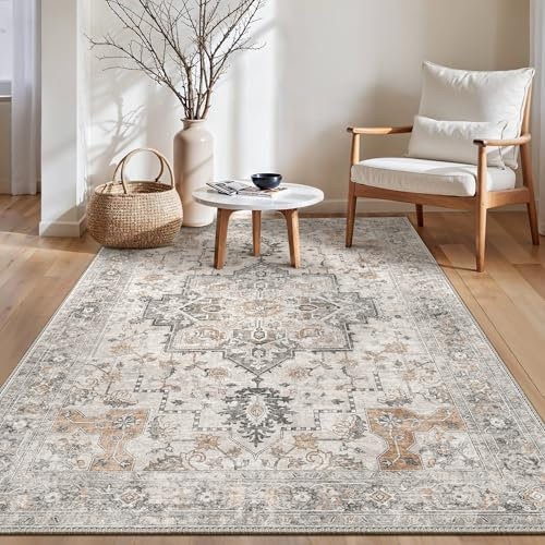 GENIMO Vintage Teppich 80x150cm, Teppiche Wohnzimmer, Waschbare Teppiche, Boho Teppich, Klein Carpet rutschfest, Schlafzimmer, Esszimmer, Büro, Beige