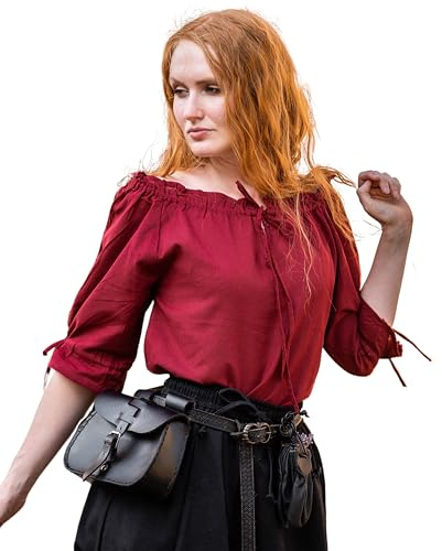 Leonardo Carbone® Damblus medeltida kortärmad blus Sandra | Justerbar dragsko | elegant spetsdekoration | karneval, halloween, cosplay, LARP, tunika, skjorta | 100 % bomull, röd, 3XL