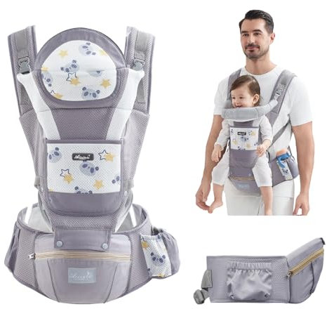 IULONEE Multifunktionell Barnbärare Lätt Och Andningsbar Bärsele För Barn Bärselar Som Andas Ergonomisk Bärsele Med Höftsäte Bärsele Nyfödda Med Höftsäte För Barn Från 3 Till 36 Månader (Grå)