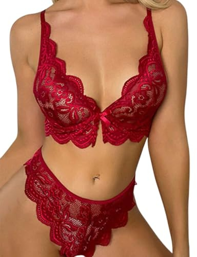 PARUPRUP Set Lingerie Sexy Donna Intimo Fiocco Pizzo Floreale Maglia Reggiseno Scollo V Profondo e Slip 2 Pezzi Hot Babydoll Bralette Biancheria Intima Trasparente Indumenti Notte Outfit (Rosso, M)