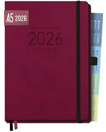 Häfft® Chäff-Timer Deluxe Kalender 2026 A5 mit Kunstleder-Einband Berry Buchkalender, Terminkalender mit Stiftschlaufe, Gummiband & Einstecktasche - nachhaltig & klimafreundlich