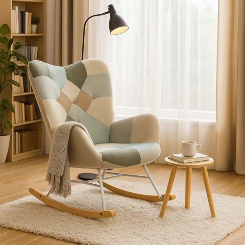 MEUBLE Cosy Sillón Relax, Mecedora Cómoda, Silla Balancín de Tela Patchwork con Patas de Madera y Metal para Salón, Adorno de Botones