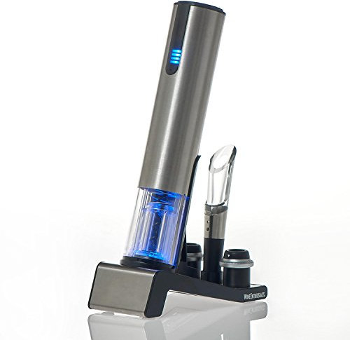 Wine Enthusiast 2-in-1 Electric Blue Automatic Wine Bottle Opener and Preserver Set – Fully Electric Corkscrew with Charging Station – Seal Bottle with Vacuum Stopper (7 Piece Set)