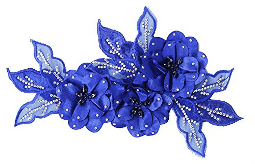 1pieces 3D Flower Beaded Rhinestones Lace Applique Patches Bridal Wedding Dress Decorated Motifs Applique for Hairband Brooch (Blue)