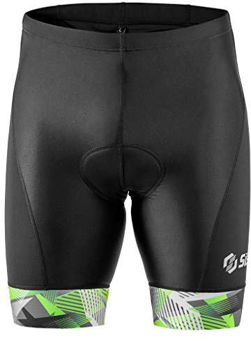 SLS3 Triathlon Shorts Mens - Padded Tri Shorts Mens Triathlon Shorts - 2 Pocket FX Triathalon Shorts, Medium Compression (Black/Green Geo, XL)