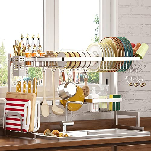 PUSDON Over Sink Dish Drying Rack Stainless Steel, Adjustable Large Dish Drainer for Storage Kitchen Organization Silver 2 Tier - Standard(26-38)