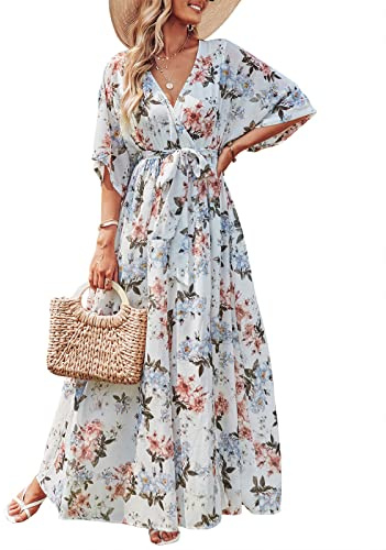 ANRABESS Womens 1/2 Sleeve Beach Wedding Guest Maxi Dresses 2025 Fall Wrap V Neck Boho Floral Flowy Slit Long Summer Dresses White Flor Small