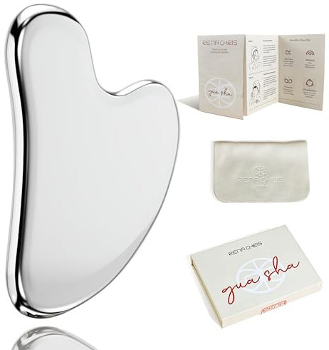 Rena Chris Edelstahl Gua Sha Stein, Guasha Stein für Kieferlinien-Straffung und Reduzierung von Gesichtsschwellungen, Hautpflege-Geschenk – Silber