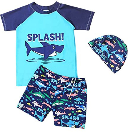 FedMois Kleinkinder Jungen Badeanzug 3-teiliges Schwimmkleidung Set Badeshirt Badeshorts Bademütze, Haie, Gr. 104/110 (Herstellergröße XL)