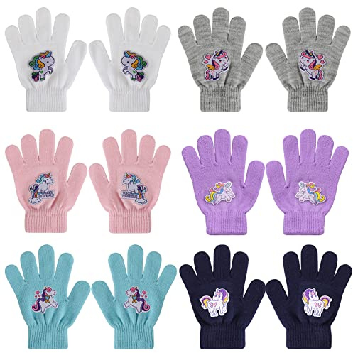 QKURT 6 Paar Kinderhandschuhe, Einhornhandschuhe für Kinder Bunte Winterhandschuhe Vollfinger-Kinderhandschuhe für Jungen und Mädchen für 5-12 Jahren
