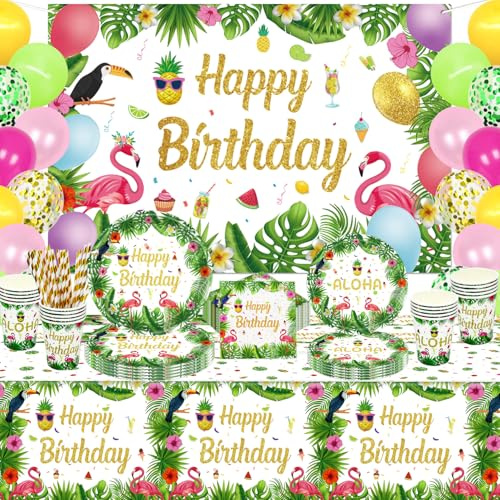 165 Paquete Productos Para Fiestas Hawaianas Aloha Decoración de Fiesta Luau Tropical Set de Mesa Para Fiesta de Verano - Platos, Globos, Servilletas, Hojas de Palma, Telón de Fondo Para 20 Personas