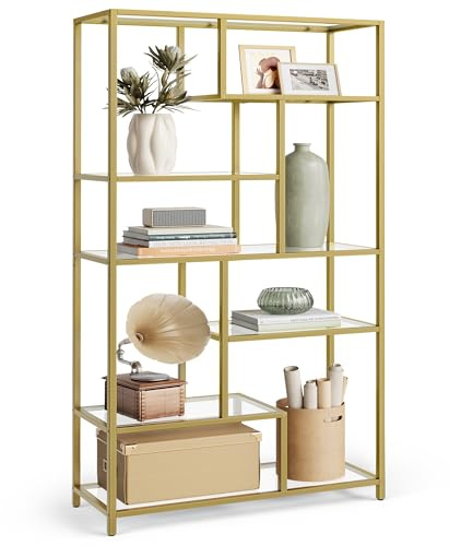 VASAGLE Bookshelf, 6-Tier Tall Bookcase, Display Shelf, Plant Stand, 11.8 x 31.5 x 70.9 Inches, Tempered Glass, for Study, Office, Living Room, Bedroom, Kitchen, Metallic Gold ULGT502A01