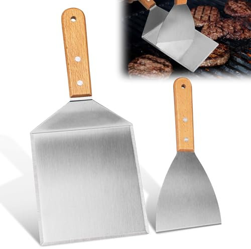 2-Stück Burger-Set, Grillspachtel Edelstahl, Grillwender, Pfannenwender Spachtel Mit Holzgriffen für Burgerpresse, Teppanyaki, Barbecue, Steak, Pizza