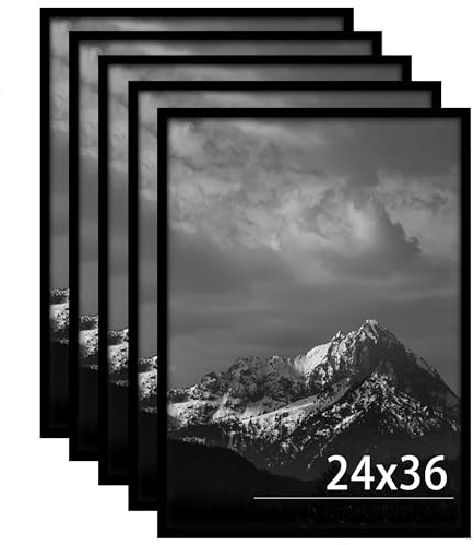Fisnish 24x36 Poster Frame Black 5 Pack, Poster Frames 24 x 36 inches or 24x36 Picture Frames with HD Plexiglass Durable and Scratch-proof for Horizontal or Vertical Wall Mounting.