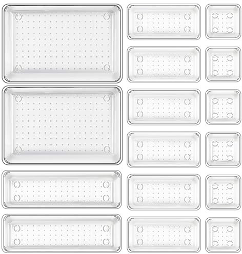 NINGESHOP 16 Stücke Schubladen Ordnungssystem mit 4 Größen, Schubladen Organizer, Klar Kunststoff Schminktisch Organizer, Make Up Organizer, Schminktisch Organizer Einsetzbar für Küchen, Bad, Büro