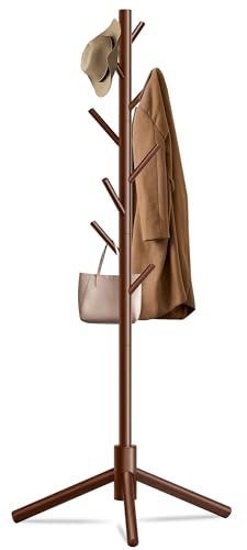 Unisakey 8-Hook Freestanding Wooden Coat Rack 3 Adjustable Heights Brown