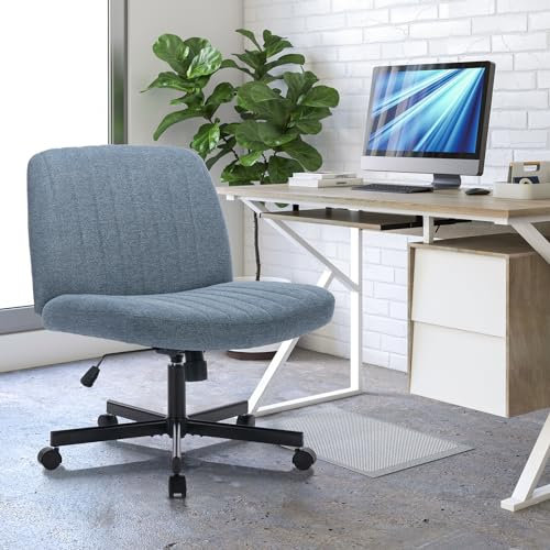 COLAMY Breiter Bürostuhl, Gepolsterter Armloser Schreibtischstuhl Drehbarer Home Office Stuhl 115° Wippfunktion Ergonomischer Computerstuhl für Home Office, Schminken, Gaming (Mit Rollen, Blau)