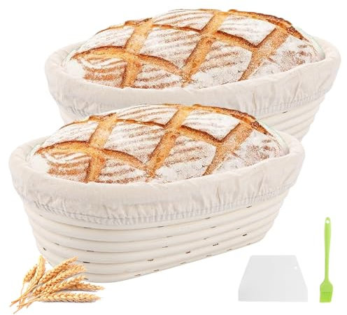 LOPYXBR 2 Stück Gärkörbchen Oval 25 cm, Gärkörbchen für Brot, Gärkorb Rattan mit Silikonölpinsel und Kunststoffspachtel für Brotbacken