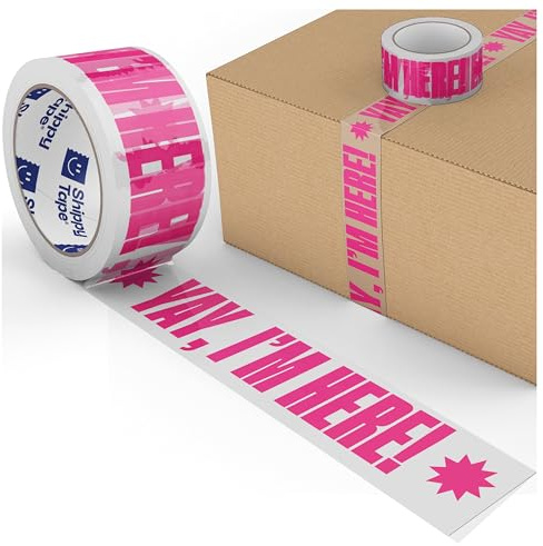 Fun Decorative Packing Tape for Small Business - Cute Designer Printed Packaging and Shipping Tape - 1.88 x 110 Yards (330 feet) - Yay, I'm Here! Clear Hot Pink,