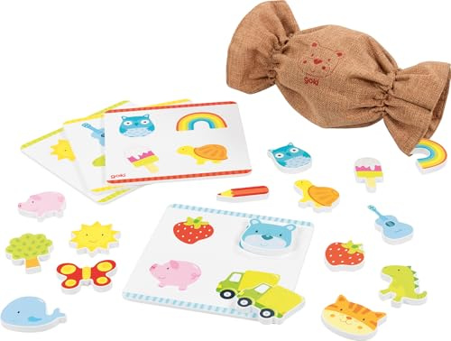goki 59972 - Fühllotto aus Holz und Textil, 16 unterschiedliche Motive, Pädagogisches Fühlspiel und Lernspielzeug, Fördert Feinmotorik und Formverständnis bei Kindern, 21-er Set, ab 3 Jahr