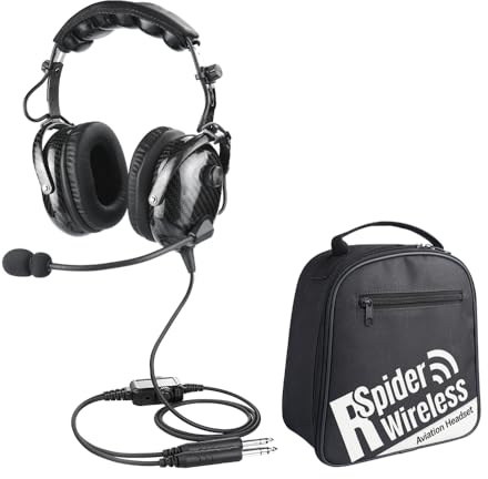 R SPIDER WIRELESS Auriculares de aviación de fibra de carbono con reducción de ruido pasiva, compatibilidad mono y estéreo, micrófono con cancelación de ruido, entrada MP3, incluye bolsa para